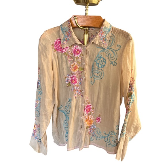Johnny Was Beige Button Down Blouse with Floral Embroidery Large